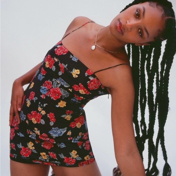 Realisation Christy Silk Spaghetti Strap Mini Dress Black 90s Floral Print - Picture 1 of 7